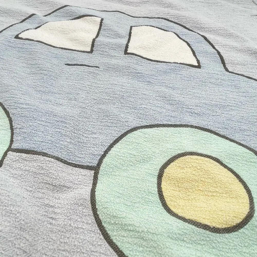 Large Kooshies Blue Car Baby Blanket Green Yellow 100% Cotton Dump Truck Vintge